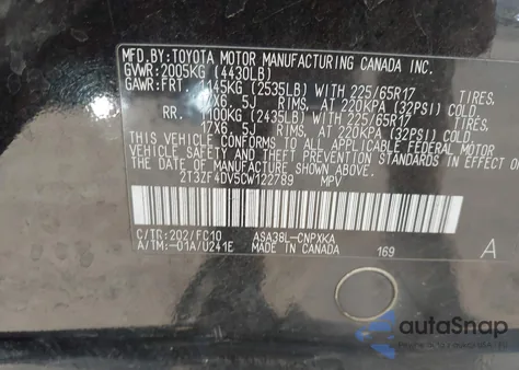 2012 Toyota Rav4 from USA, damaged, VIN 2T3ZF4DV5CW122789